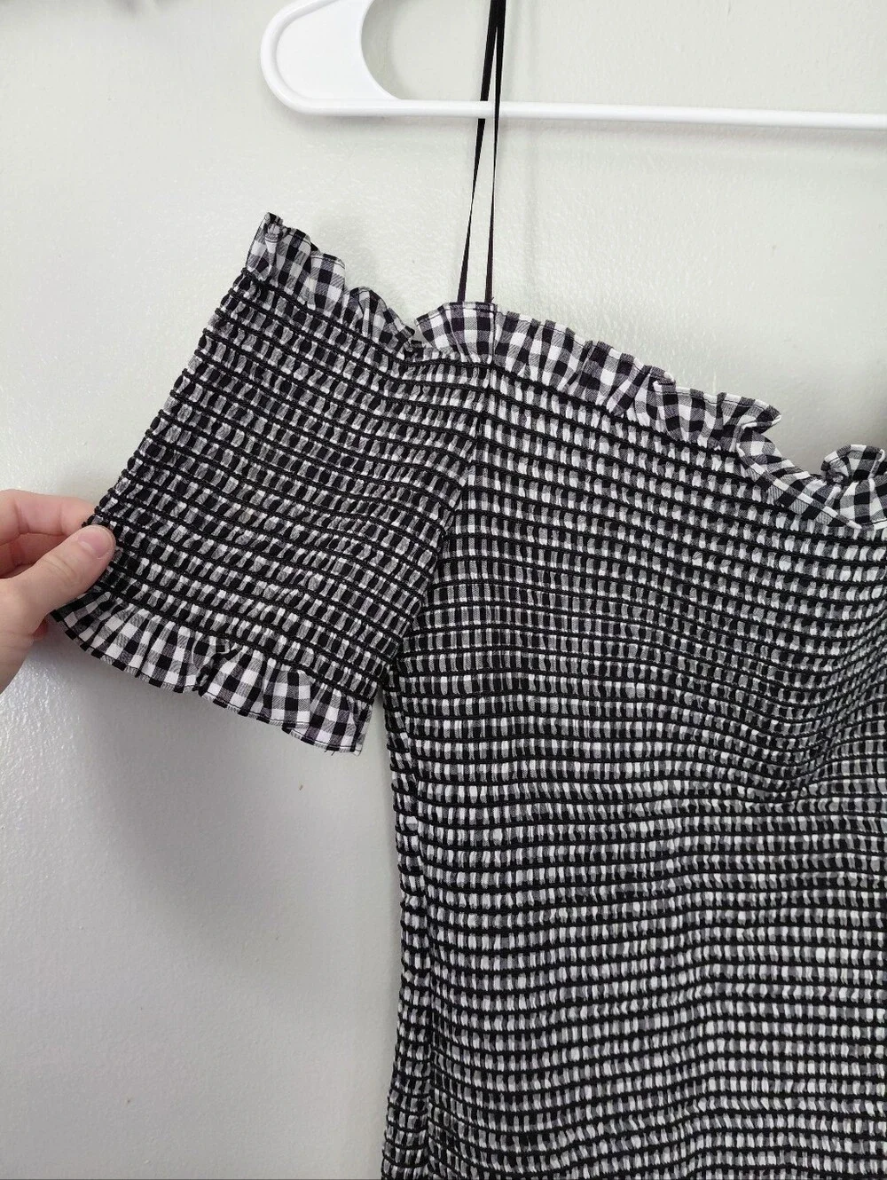 WAYF Gingham Smocked Off Shoulder Bodycon Dress NWOT Size L